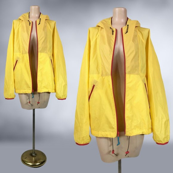 VINTAGE 90s Yellow Hooded Windbreaker Rain Jacket with Storage Pouch by Sierra - Picture 3 of 10